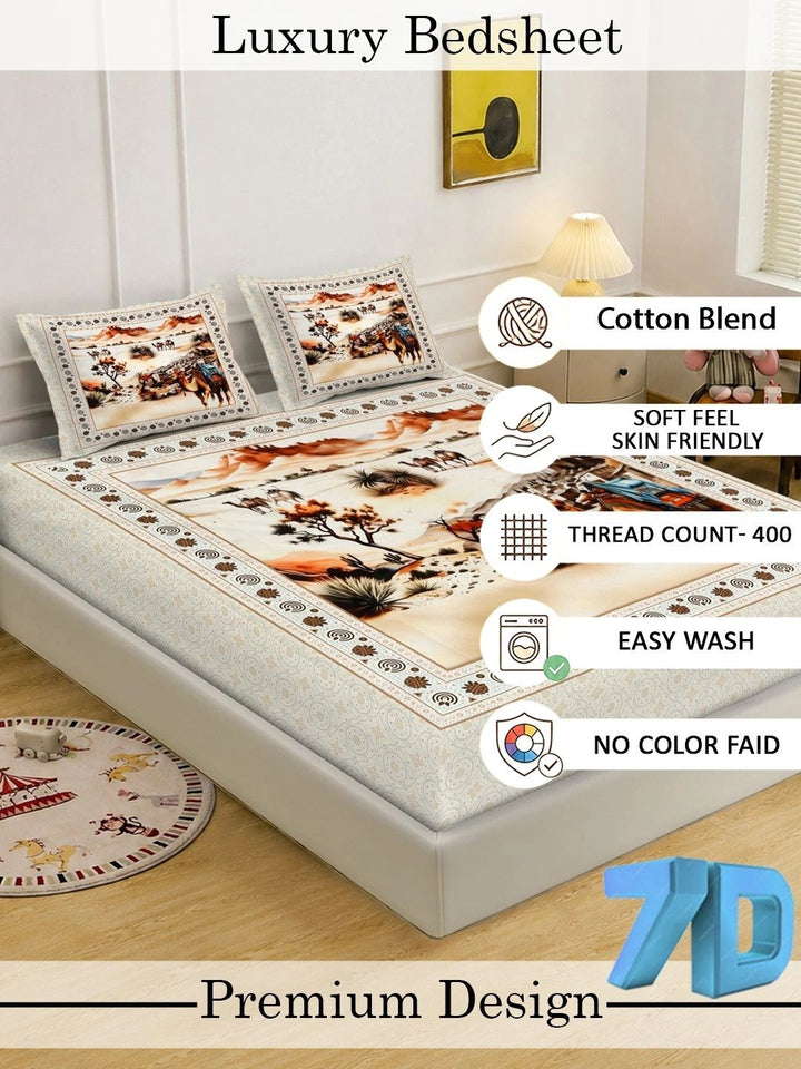 Moda Rapido X KLOTTHE Cream-Coloured & Brown Conversational 400 TC King Bedsheet with 2 Pillow Covers