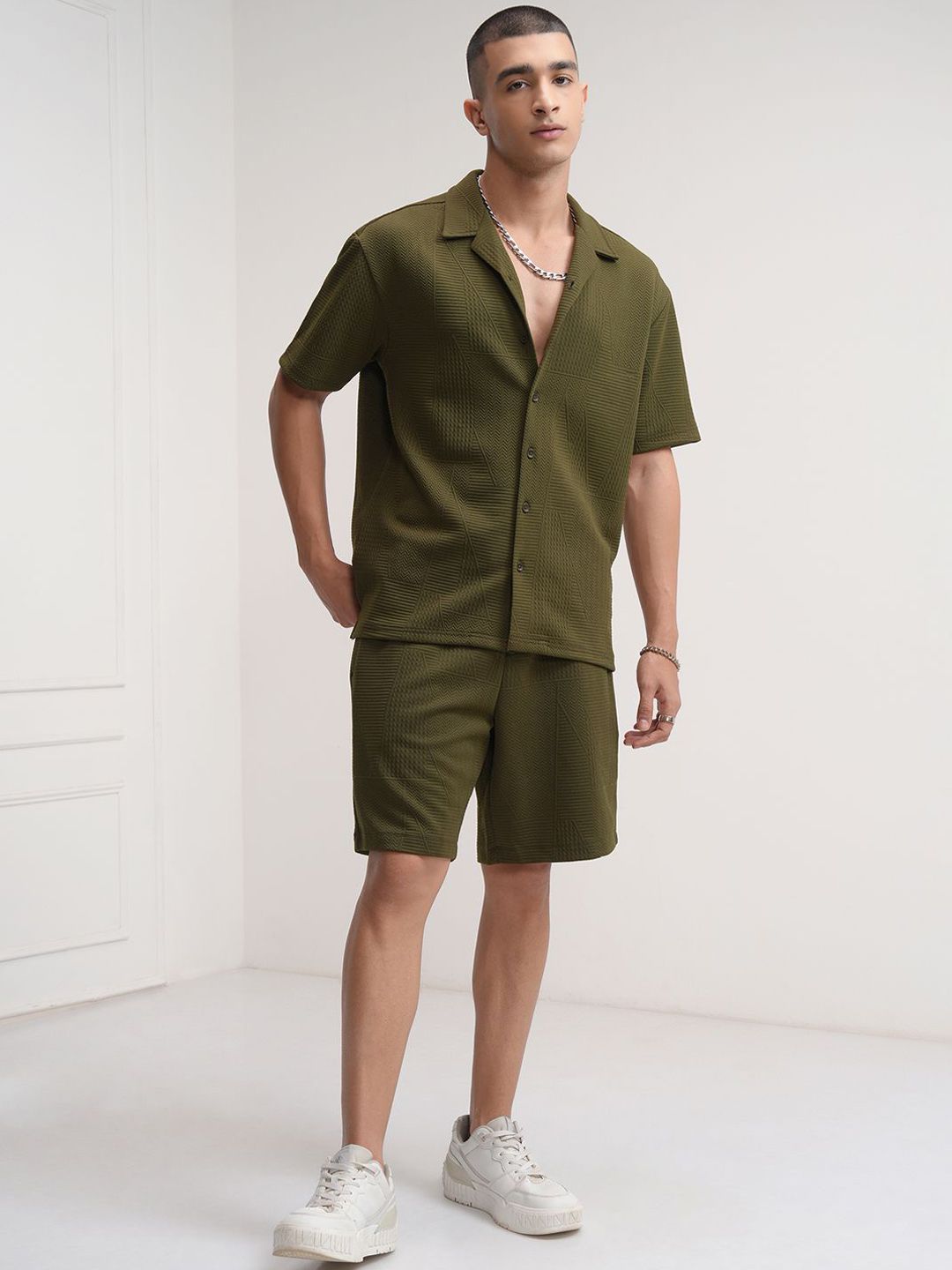 HIGHLANDER Self Design Cuban Collar Shirt With Shorts