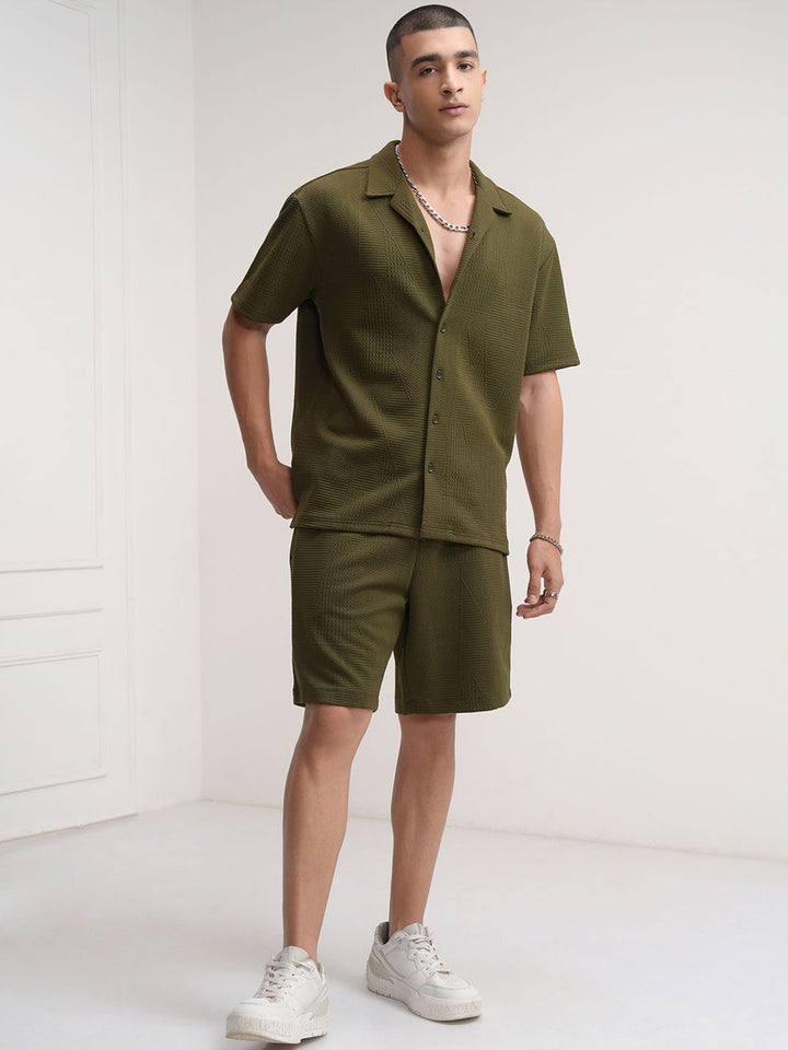 HIGHLANDER Self Design Cuban Collar Shirt With Shorts