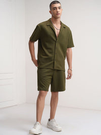 HIGHLANDER Self Design Cuban Collar Shirt With Shorts