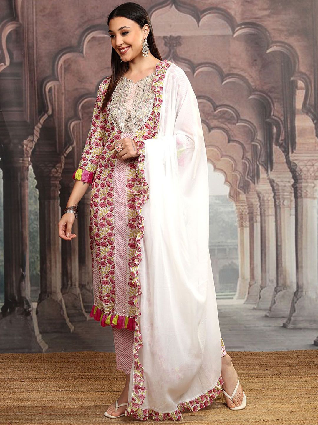 Vishudh Women Floral Printed Regular Pure Cotton Kurta with Trousers & With Dupatta