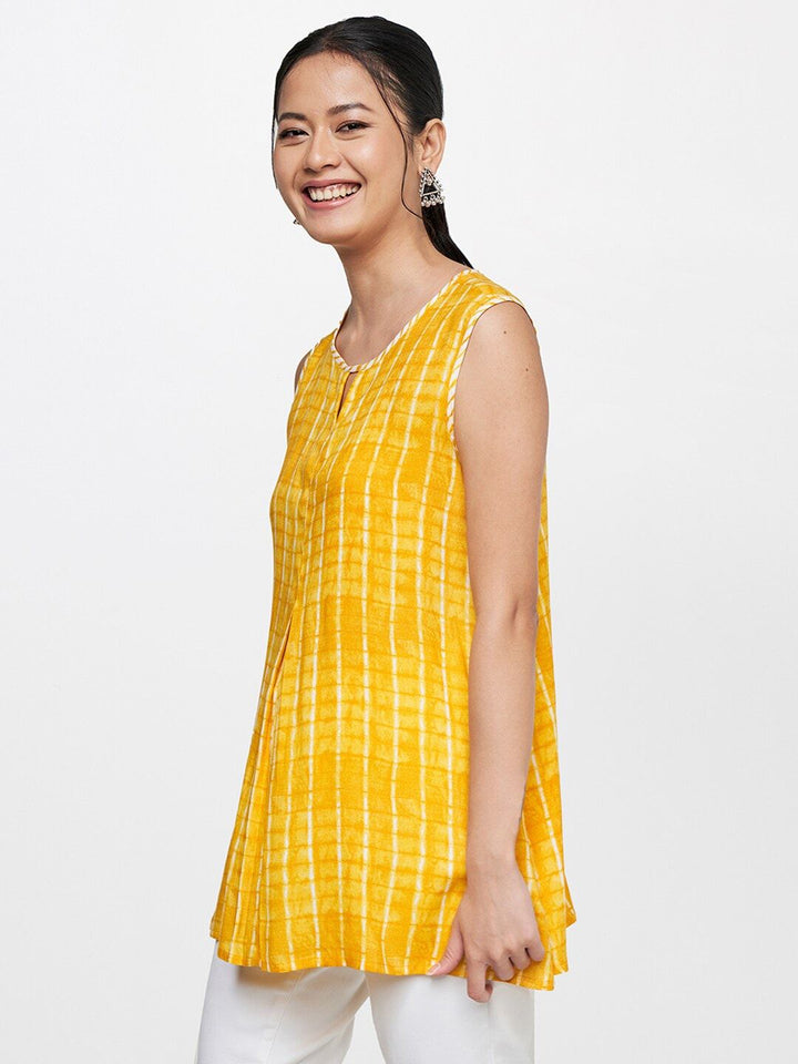 Global Desi Women Mustard Yellow Geometric Printed Keyhole Neck Top