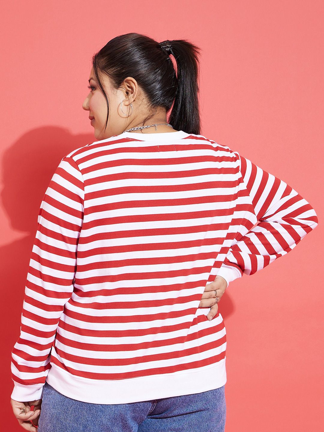 SASSAFRAS Curve Red Plus Size Striped Pullover Sweatshirt