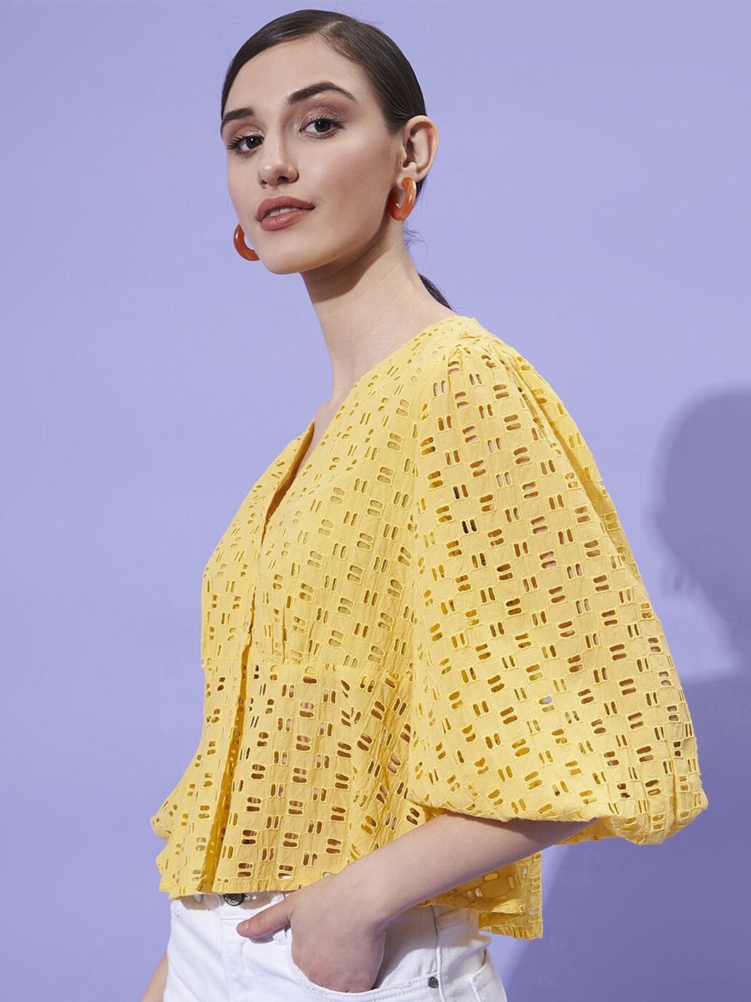 Athena Schiffli Self Design V-Neck Puff Sleeves Empire Top