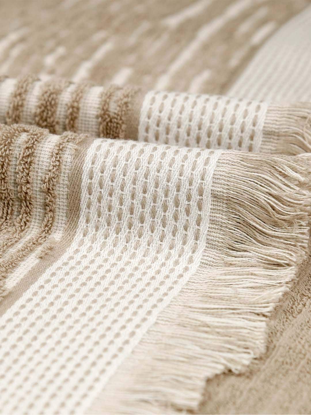 MYTRIDENT Beige & White Striped Printed Cotton 500 GSM Bath Towel
