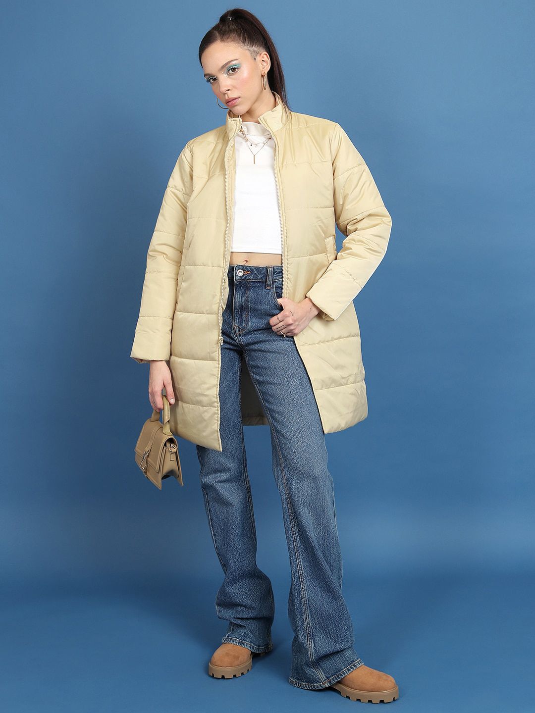 Tokyo Talkies Brown Mock Collar Longline Puffer Jacket
