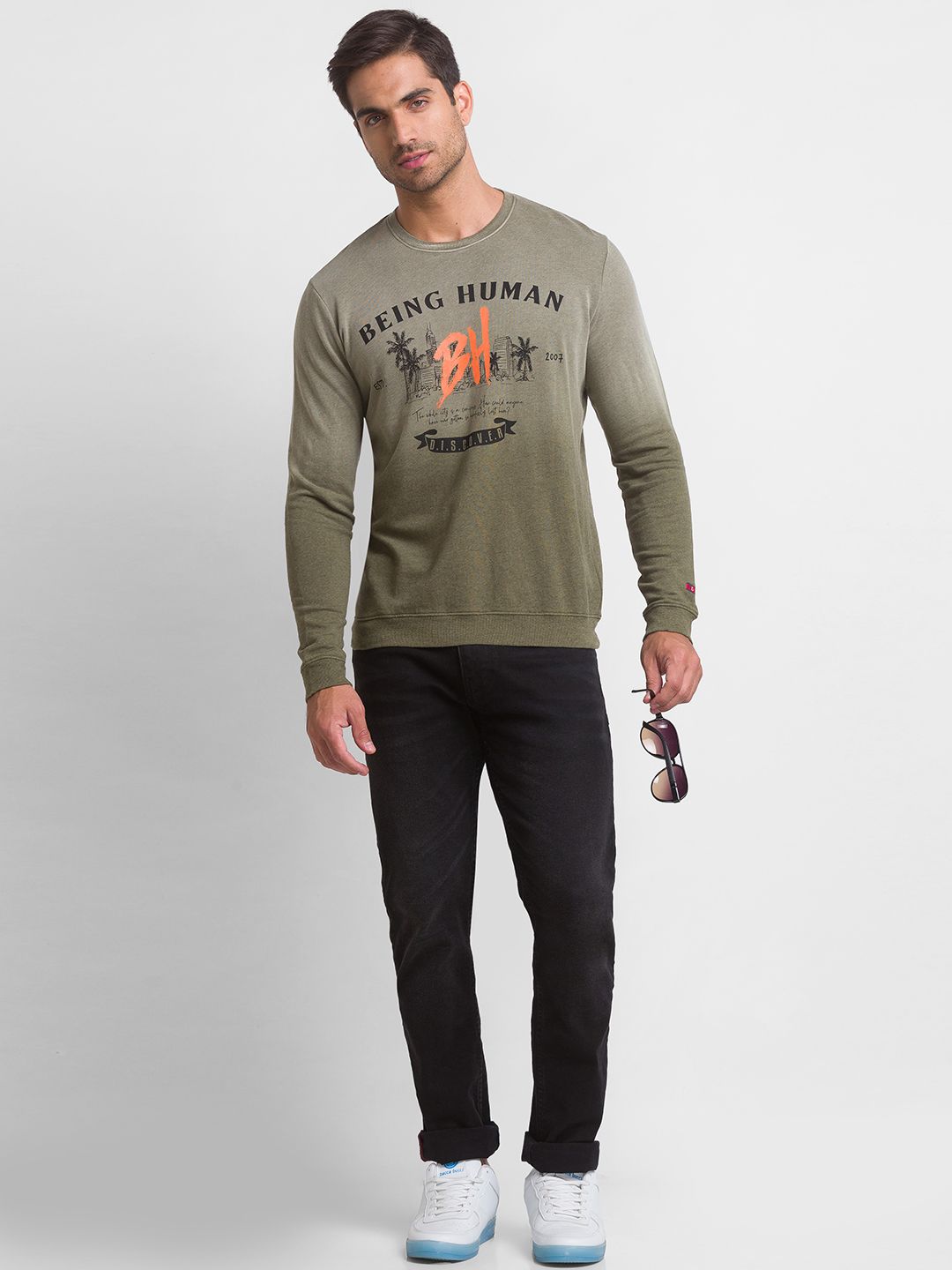 Being Human Men Olive Green Printed Pure Cotton Sweatshirt