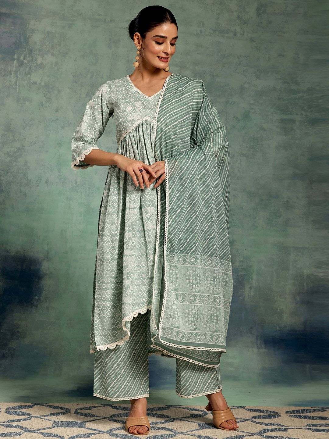 Libas Bandhani Printed V-Neck Pleated Pure Cotton A-Line Kurta with Palazzos & Dupatta