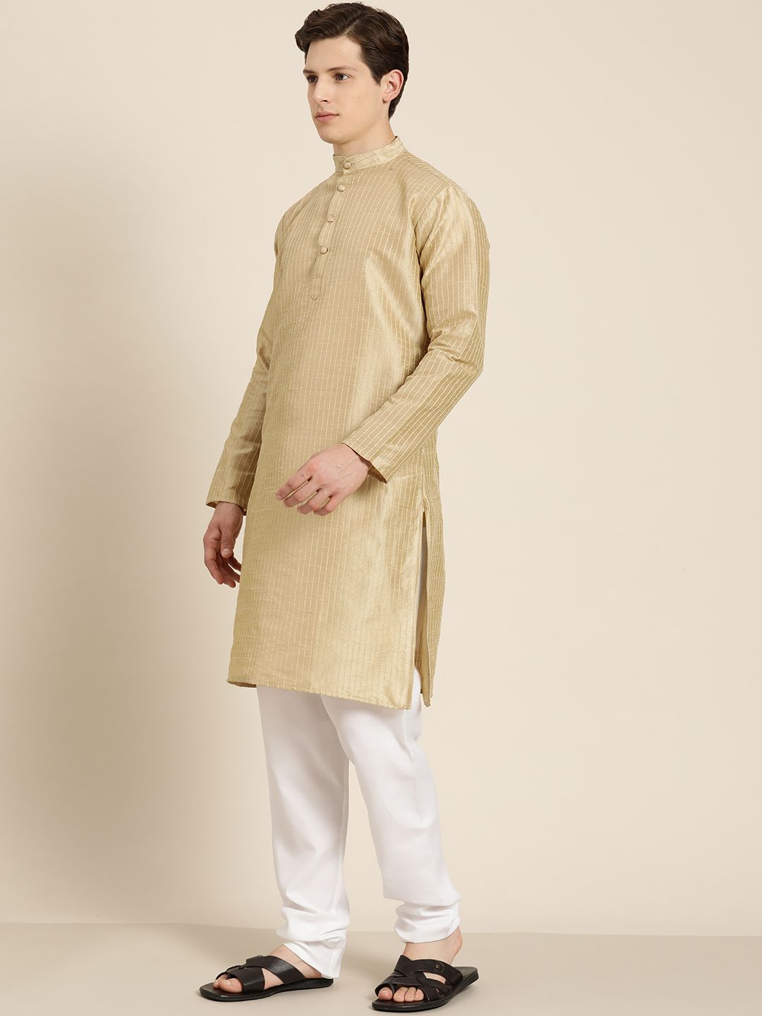 SOJANYA Men Beige Thread Work Straight Kurta Churidar with Nehru Jacket