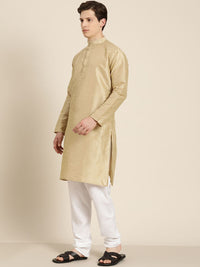 SOJANYA Men Beige Thread Work Straight Kurta Churidar with Nehru Jacket