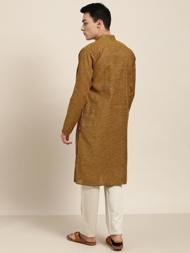 SOJANYA Men Mustard Yellow & Charcoal Grey Striped Straight Kurta
