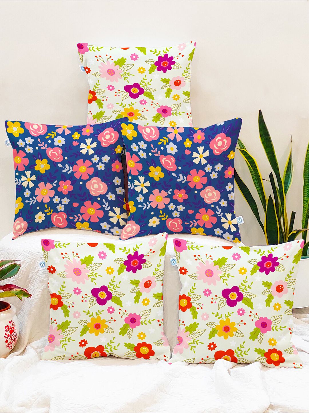 STITCHNEST Blue & Pink Set of 5 Floral Square Cushion Covers