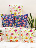 STITCHNEST Blue & Pink Set of 5 Floral Square Cushion Covers