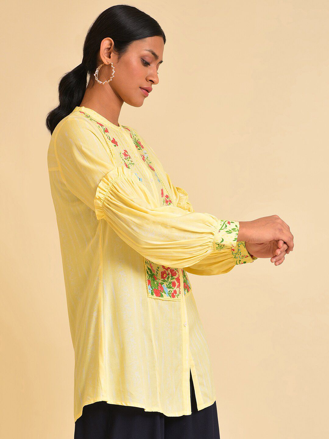 W Yellow & Red Floral Printed Mandarin Collar Shirt Style Longline Top