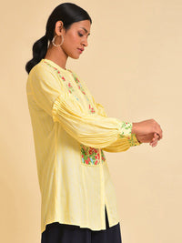 W Yellow & Red Floral Printed Mandarin Collar Shirt Style Longline Top