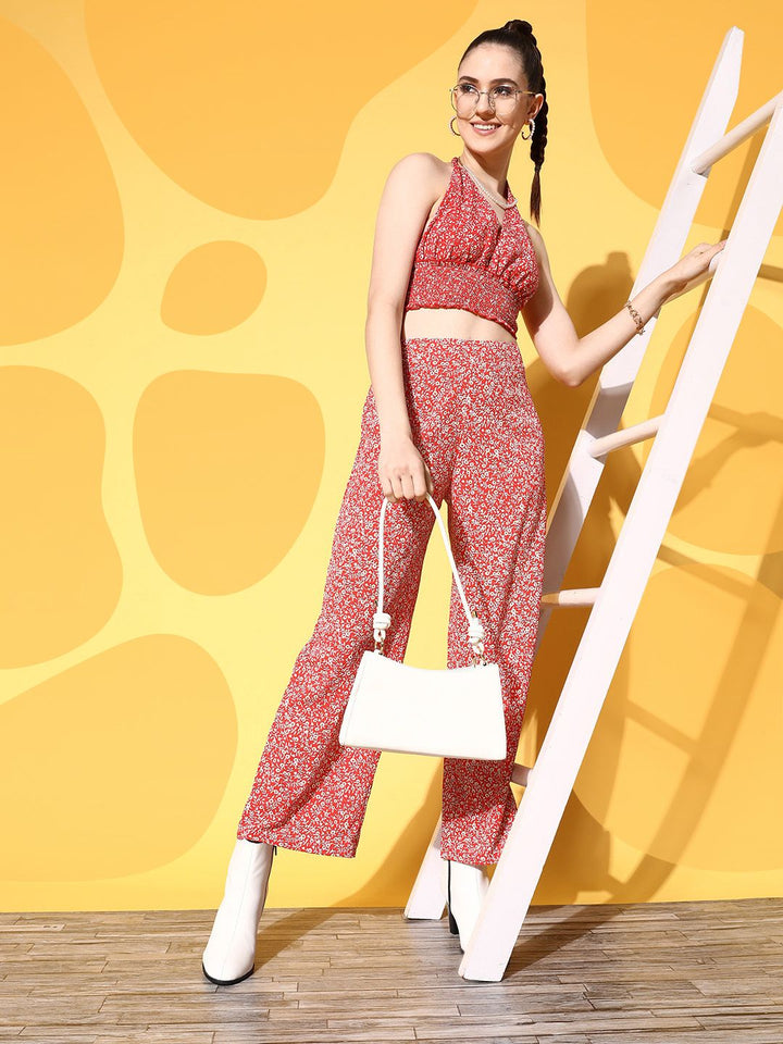 Berrylush Women Red Floral Printed Relaxed Loose Fit High-Rise Trousers