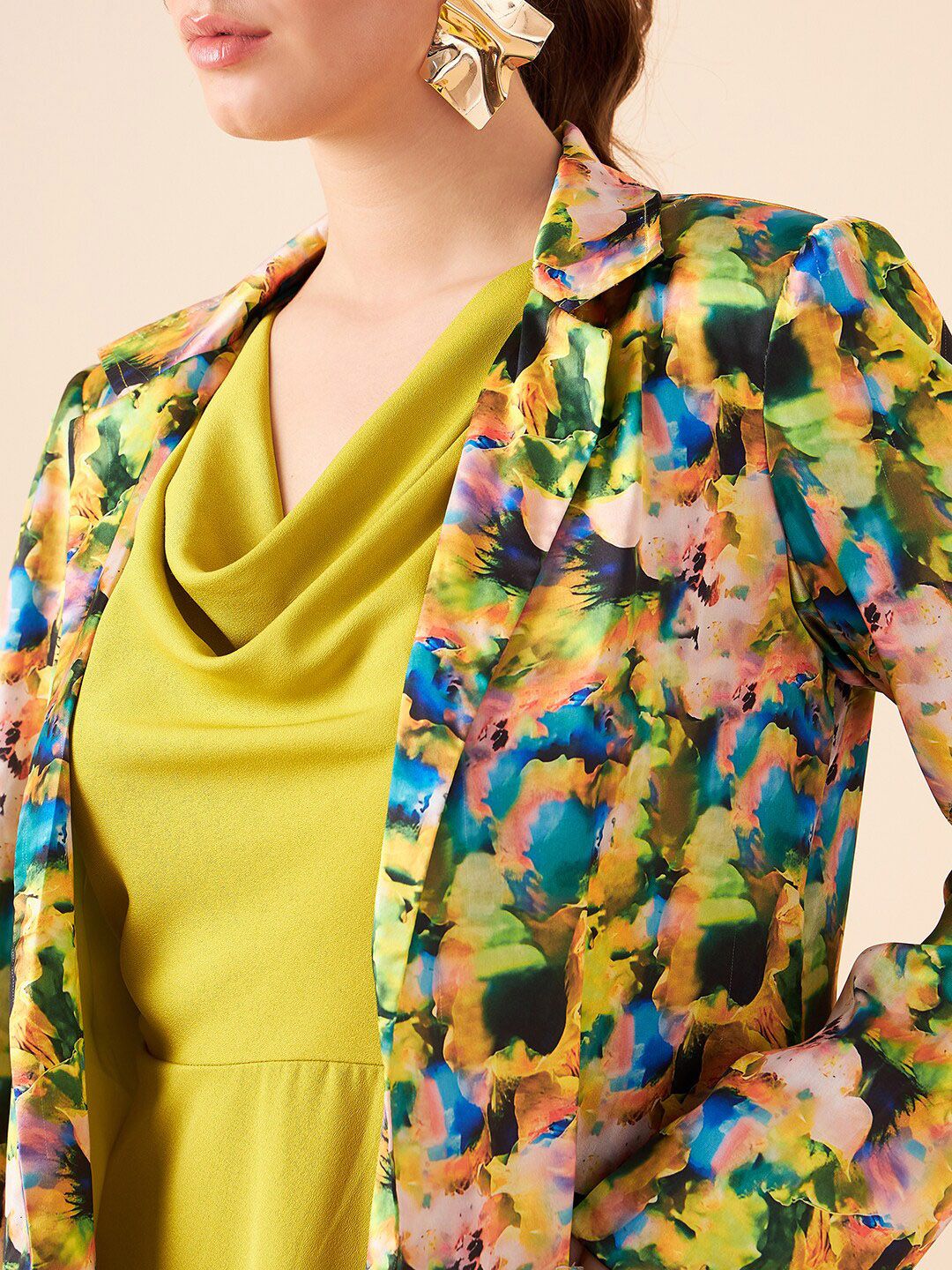 Antheaa Cowl Neck A-Line Dress With Printed Jacket