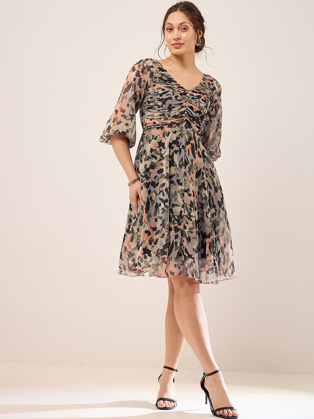 Antheaa Black Abstract Printed Puff Sleeves Gathered Fit & Flare Dress