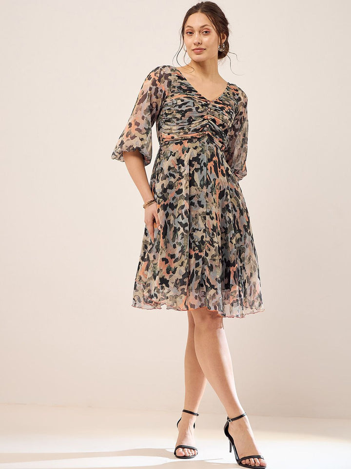 Antheaa Black Abstract Printed Puff Sleeves Gathered Fit & Flare Dress