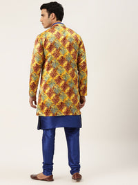 SOJANYA Men Blue & Yellow Solid Kurta with Churidar & Printed Jacket
