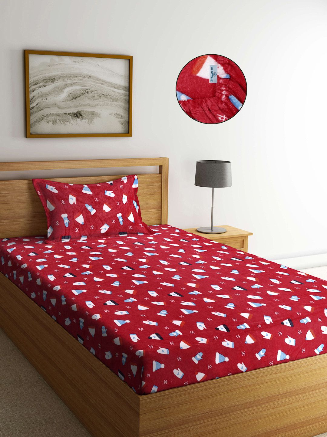 KLOTTHE Red Printed Fitted 300 TC Woolen Single Bedsheet with 1 Pillow Cover