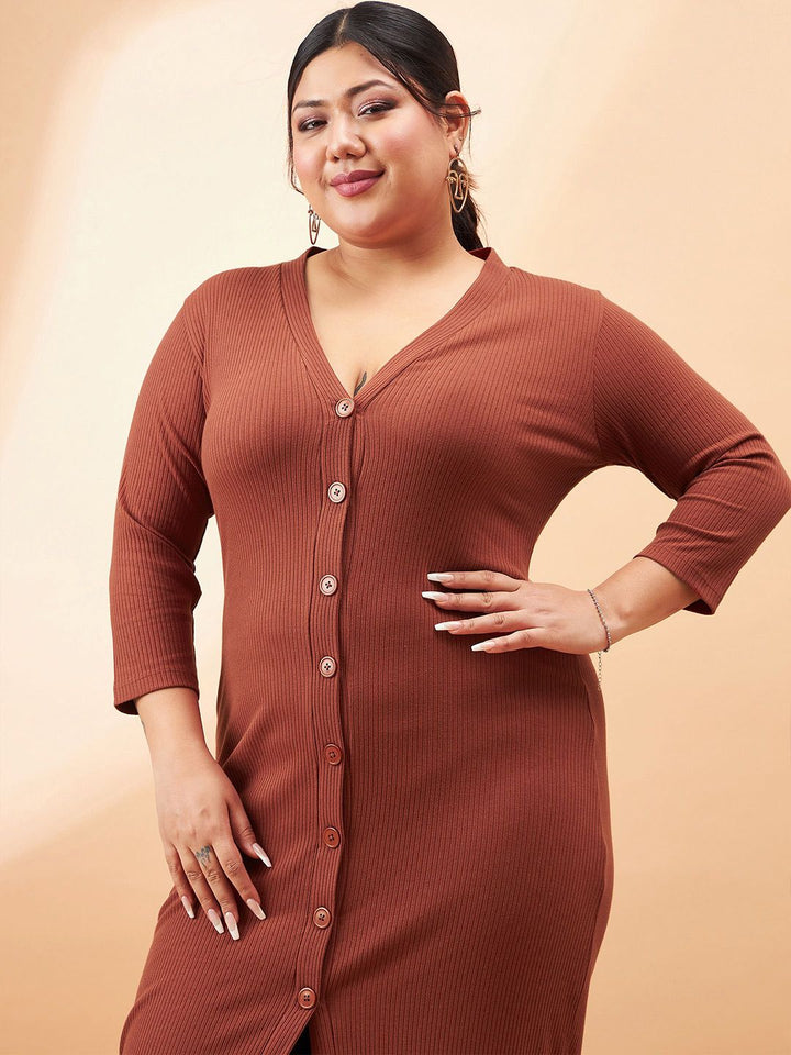 SASSAFRAS Curve Plus Size Rust Brown Ribbed V-Neck A-Line Midi Dress