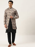 SOJANYA Men Black Solid Kurta Set With Printed Jacket