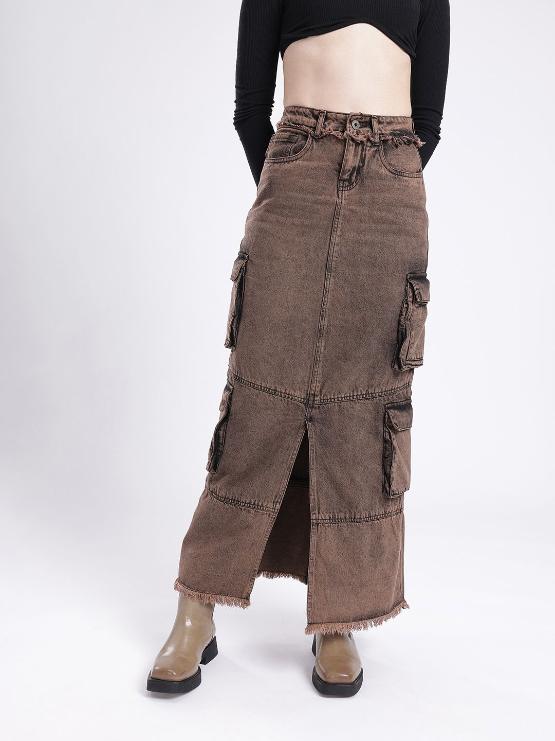 DressBerry Women Urban Dope Cargo Style Front Slit Straight Maxi Skirt