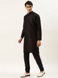 SOJANYA Men Black Solid Kurta with Churidar & Nehru Jacket