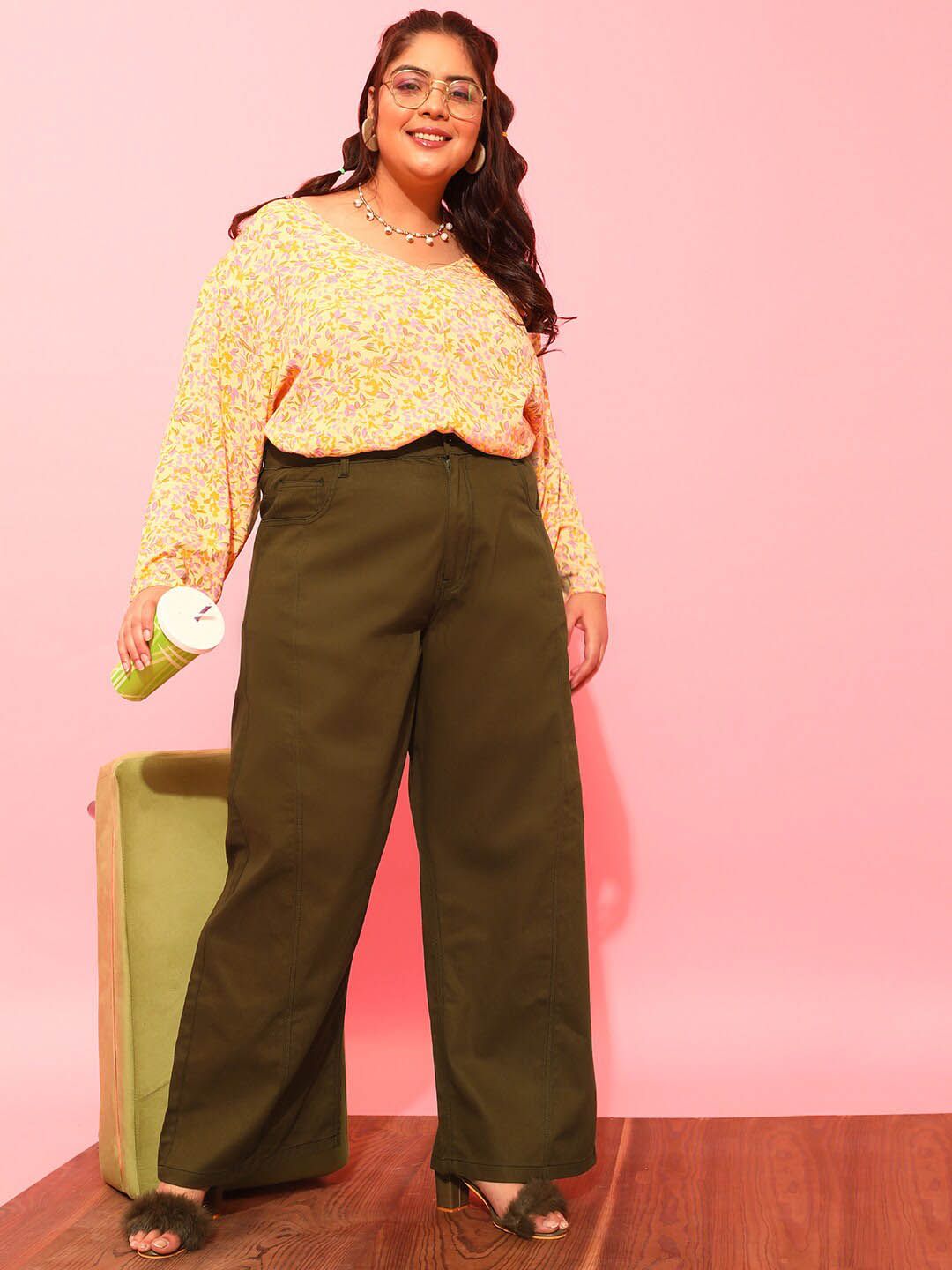 CURVY STREET Women Plus Size Olive Green Relaxed Straight Leg Pure Cotton Trousers