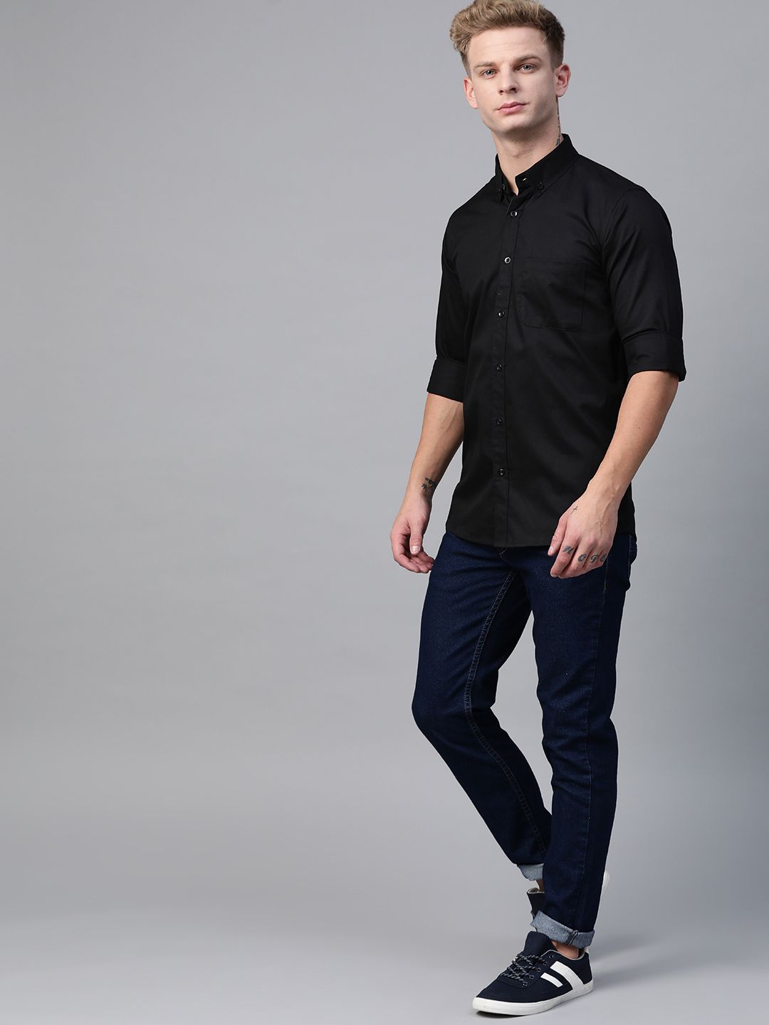 DENNISON Men Black Smart Slim Fit Solid Water & Stain Repellent Casual Shirt