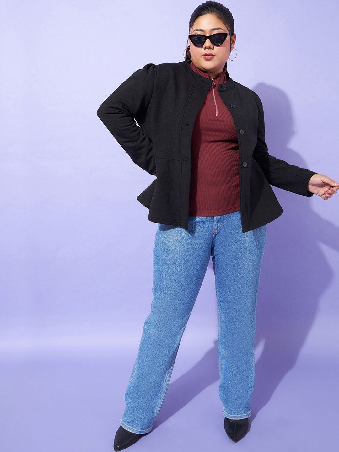 SASSAFRAS Curve Plus Size Black Mandarin Collar Tailored Jacket