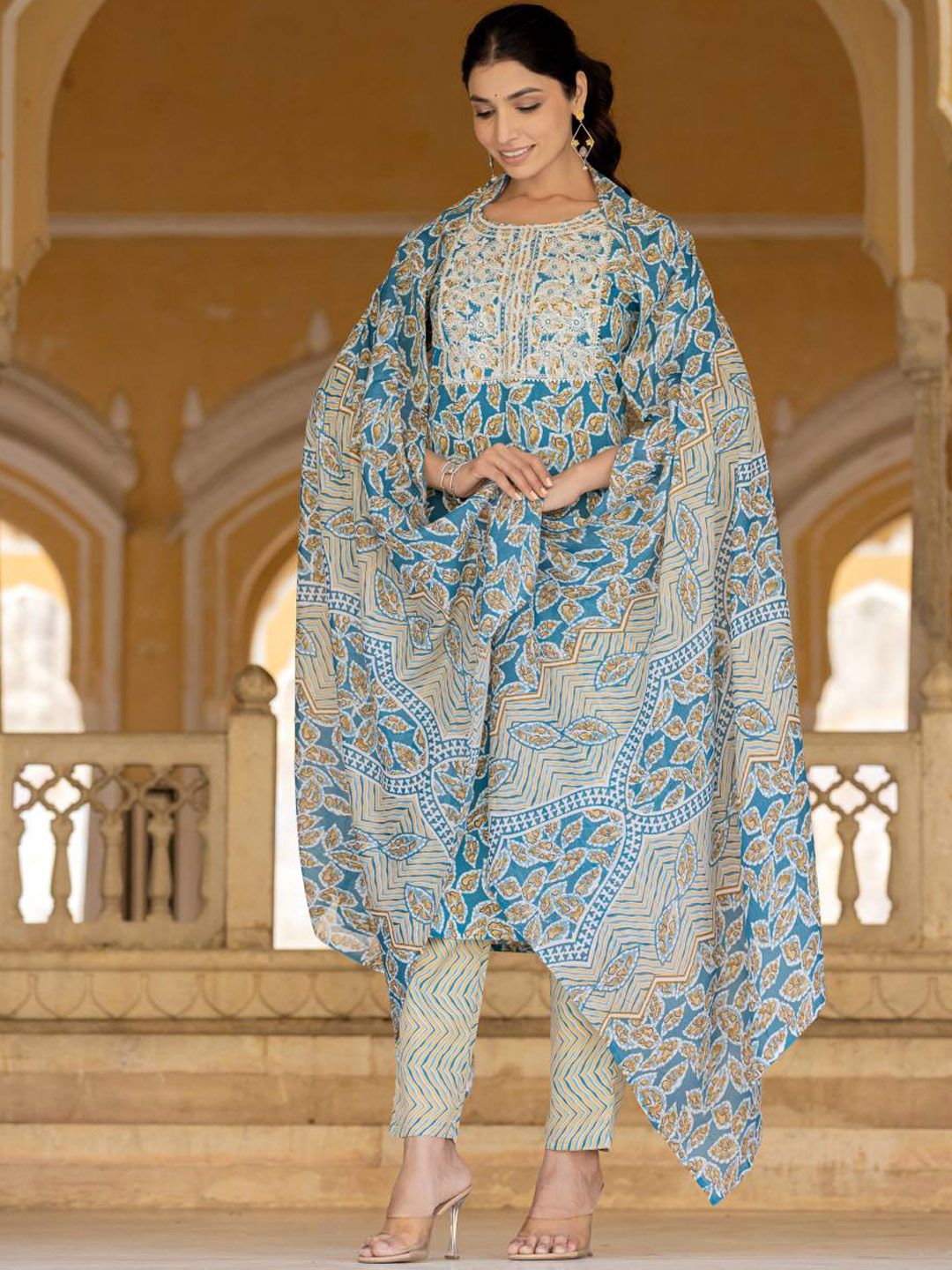 Varanga Floral Printed Regular Thread Work Kurta with Trouser & Dupatta