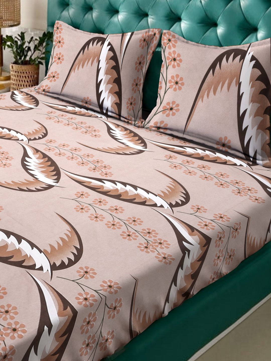 KLOTTHE Lipat Buku Policotton Bunga Coklat 300 TC Dilengkapi Cadar King dengan 2 Sarung Bantal-98 x 89 inci