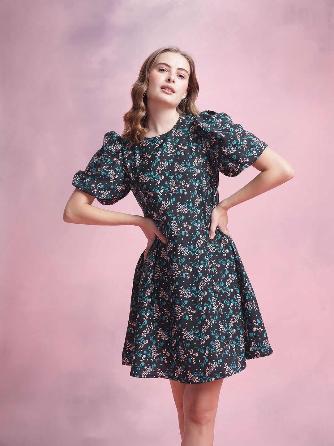 DressBerry Floral Print Puff Sleeve A-Line Dress