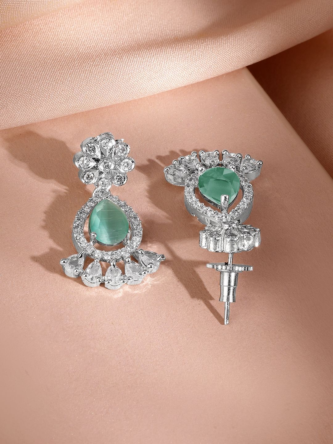 Rubans Rhodium-Plated Pastel Green AD & Cubic Zirconia Studded Necklace Set
