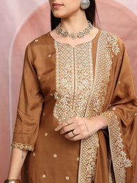Vishudh Brown Floral Woven Design Pure Cotton Straight Kurta with Trousers & Dupatta