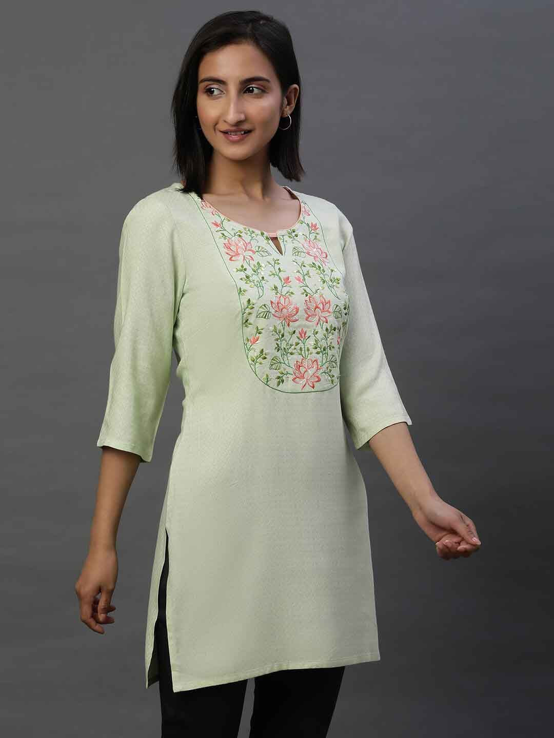 AURELIA Floral Embroidered Keyhole Neck Straight Kurti