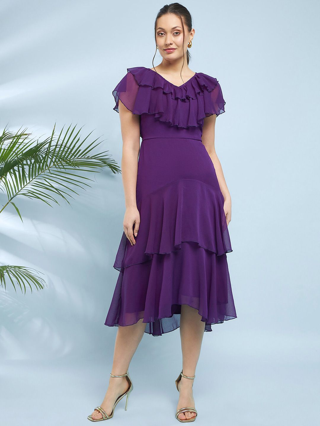 Antheaa V-Neck Flutter Sleeve Fit & Flare Midi Dress