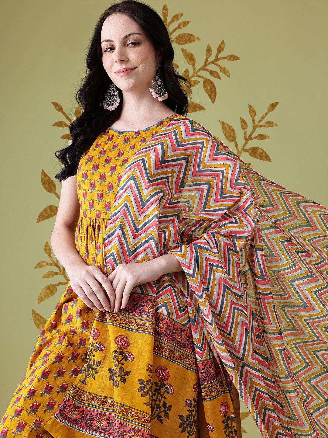 Anouk Floral Print Pleated Pure Cotton Kurta with Trousers & Dupatta