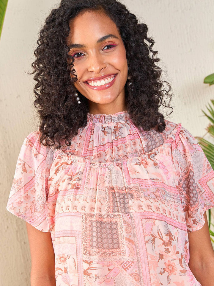 SASSAFRAS Peach-Coloured Floral Printed High Neck Flutter Sleeve Georgette Top
