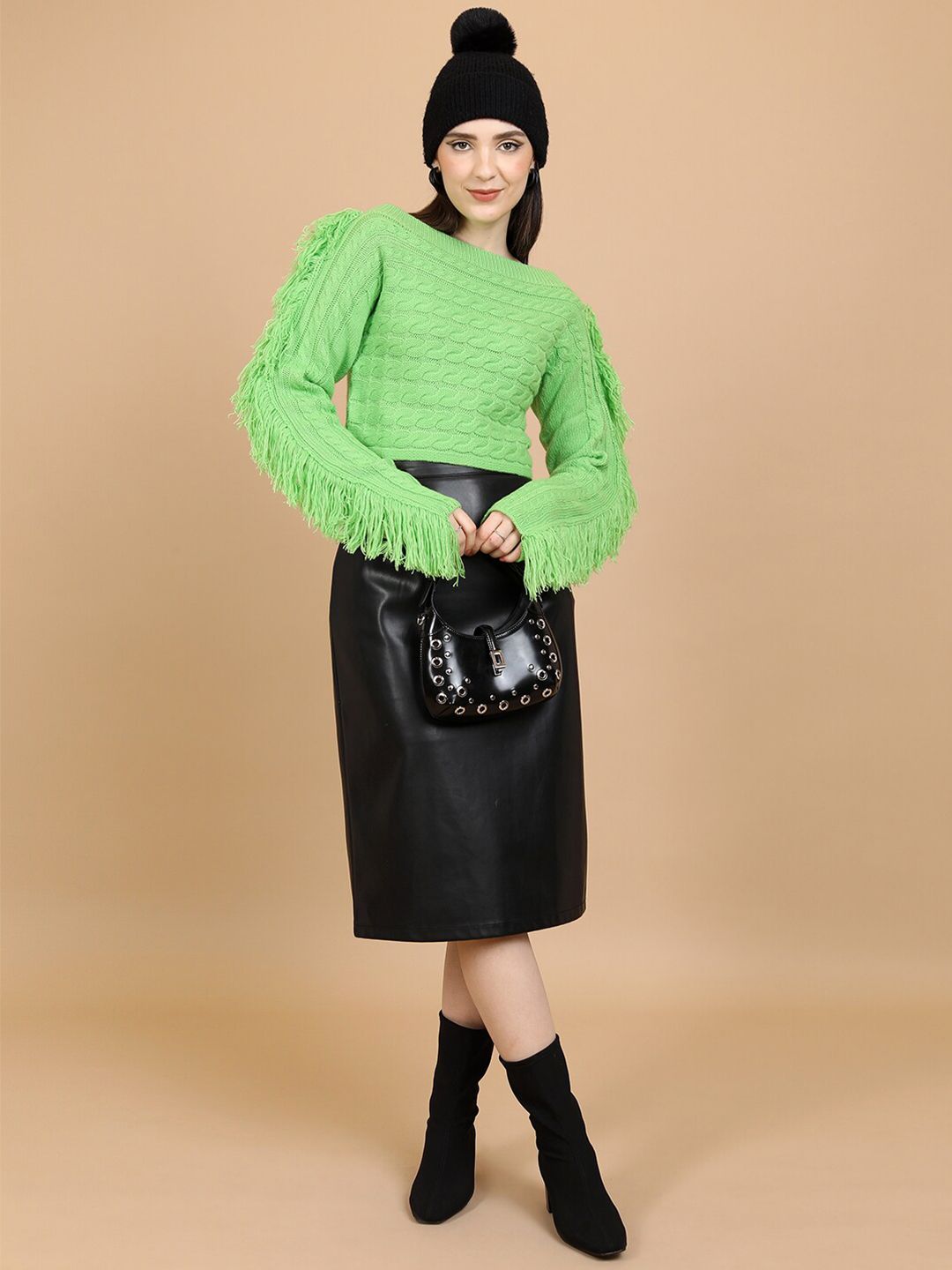 Tokyo Talkies Green Cable Knit Self Design Boat Neck Fringed Acrylic Crop Pullover Sweater