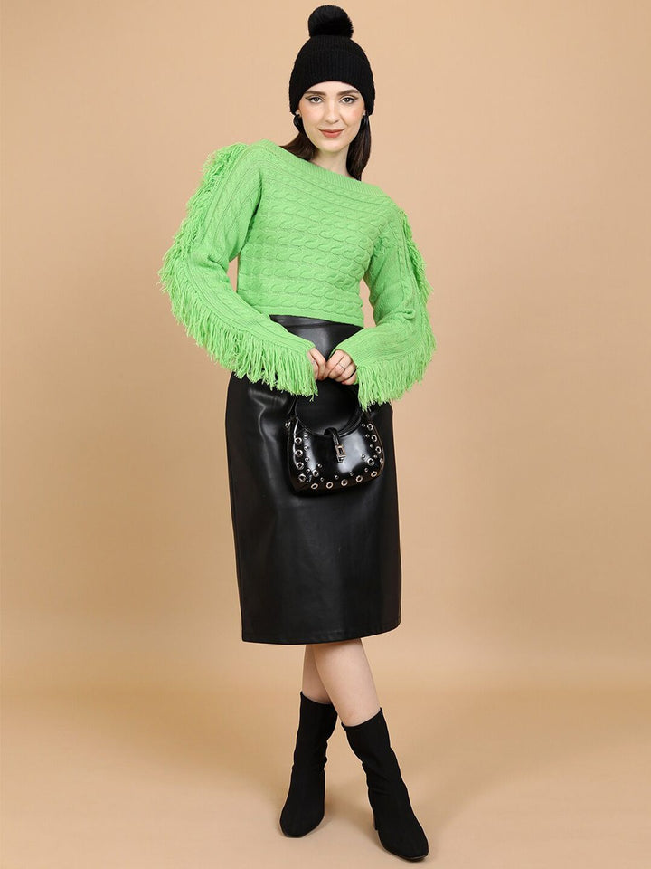 Tokyo Talkies Green Cable Knit Self Design Boat Neck Fringed Acrylic Crop Pullover Sweater