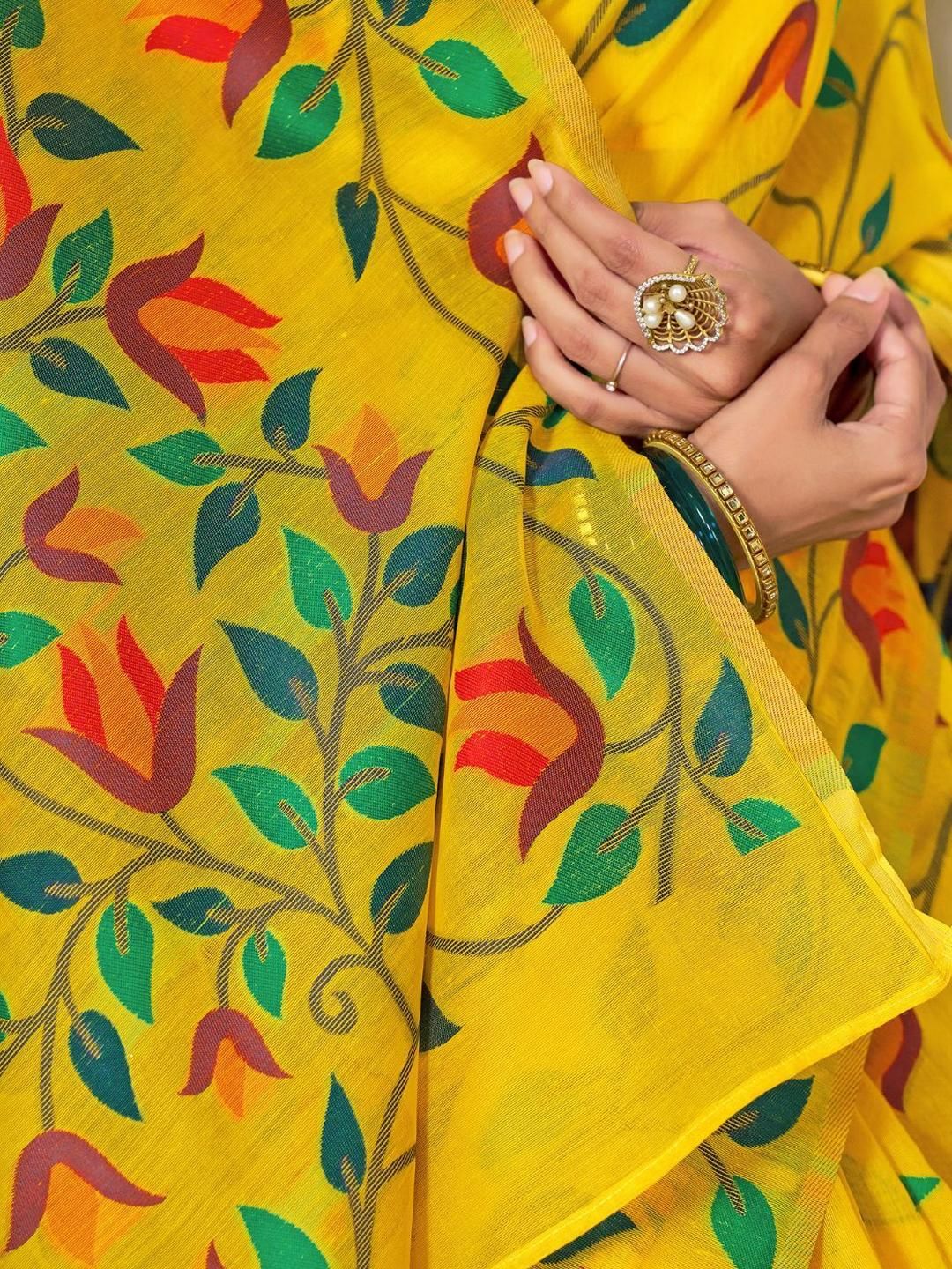 KALINI Yellow Pure Cotton Woven Design Sarees