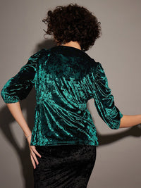 SASSAFRAS Green V-Neck Puff Sleeve Velvet Top