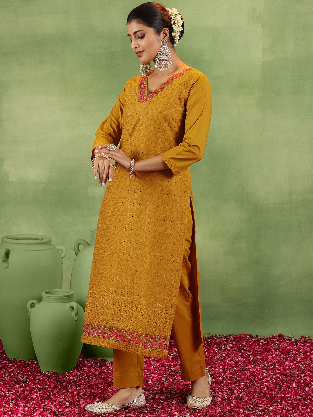 Libas Mustrad Yellow Floral Embroidered Schiffli Cotton Kurta With Trousers & Dupatta