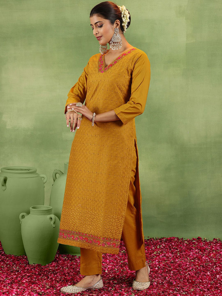 Libas Mustrad Yellow Floral Embroidered Schiffli Cotton Kurta With Trousers & Dupatta