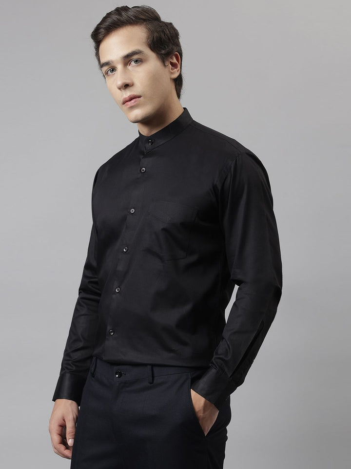 Hancock Men Black Solid Satin Slim Fit Pure Cotton Tuxedo Formal Shirt