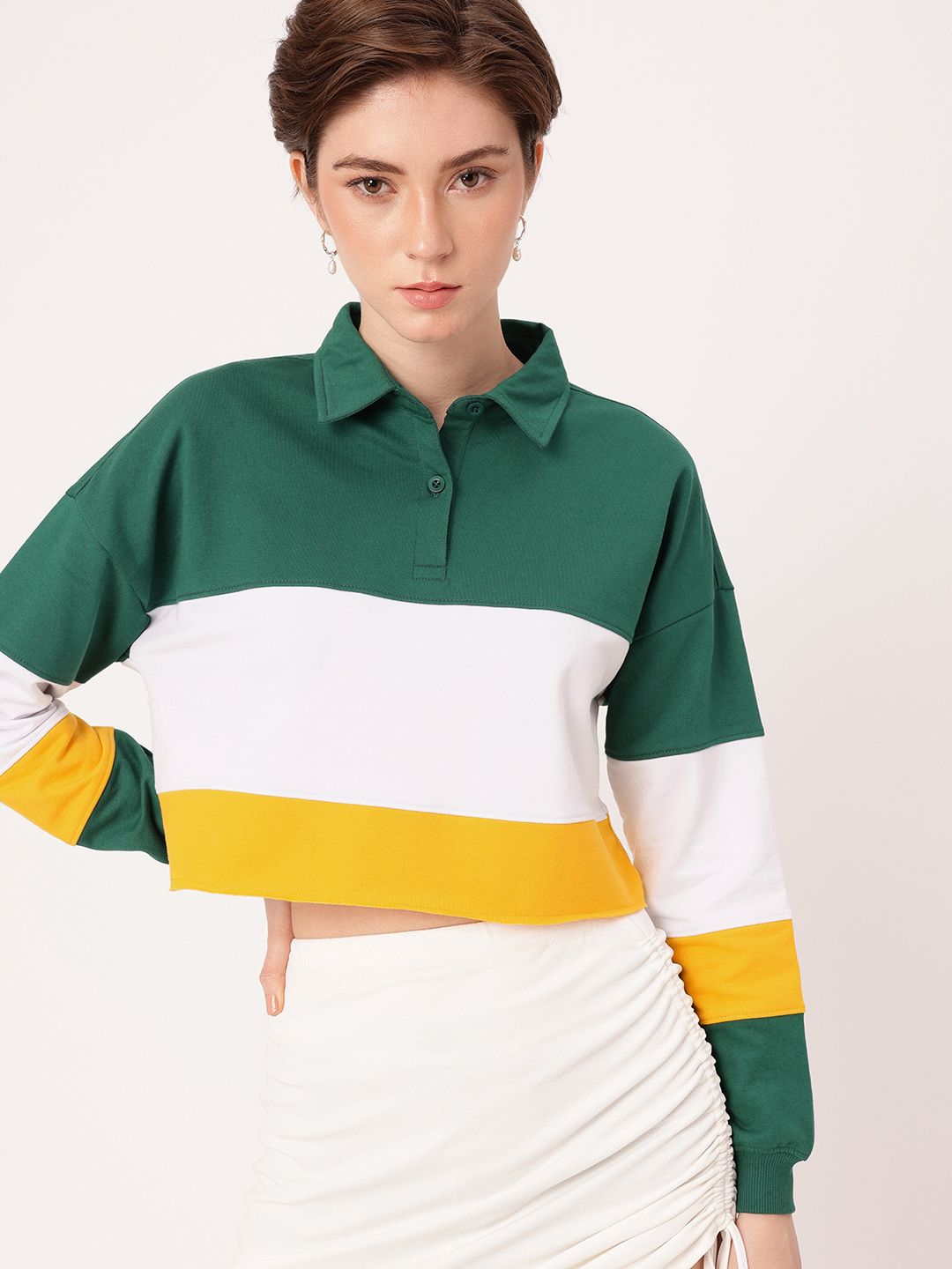 DressBerry Urban Cool Colourblocked Polo Boxy Crop Sweatshirts