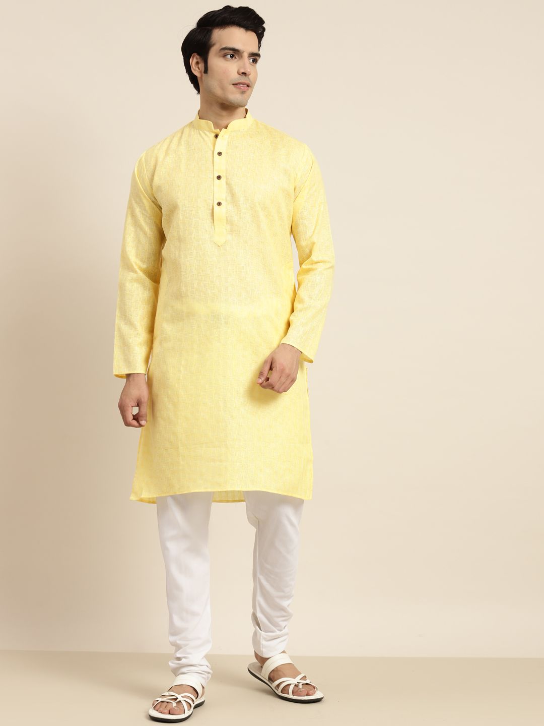 Anug oleh SOJANYA Lelaki Yellow Checked Dobby Mandarin Collar Kurta